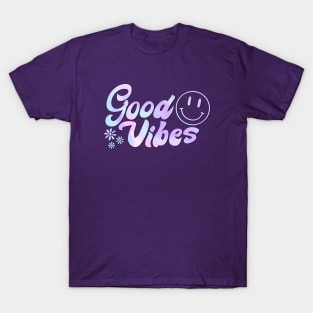 Groovy Good Vibes: 70s Holographic Text & Smiley Face Art T-Shirt